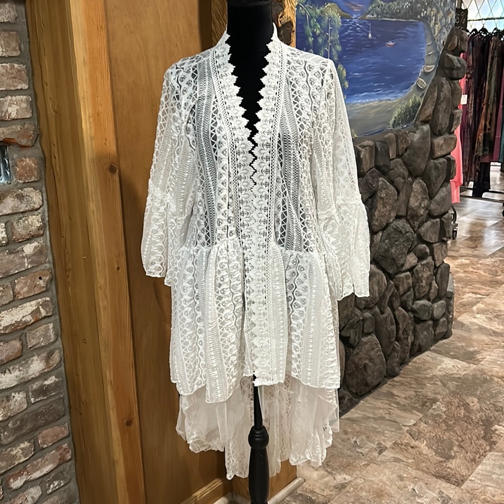 NWT Origami White Lace High Low Open Drape Duster
